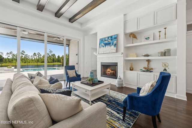 97 Marquesa Cir, Saint Johns, FL 32259 - living area featuring dark wood-style floors, beam ceiling, a premium fireplace, built in features, and ceiling fan