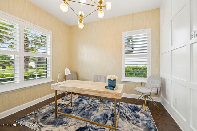 97 Marquesa Cir, Saint Johns, FL 32259 - home office featuring wallpapered walls, dark wood-type flooring, and a chandelier