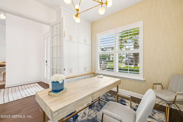 97 Marquesa Cir, Saint Johns, FL 32259 - office with wallpapered walls, wood finished floors, and a chandelier