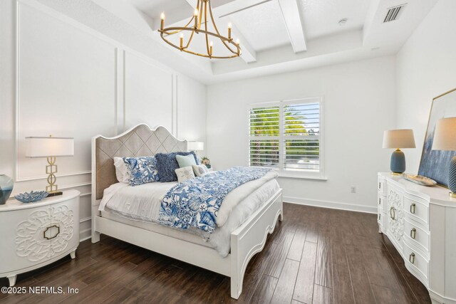 97 Marquesa Cir, Saint Johns, FL 32259 - bedroom with a chandelier, dark wood-style flooring, beam ceiling, and a raised ceiling