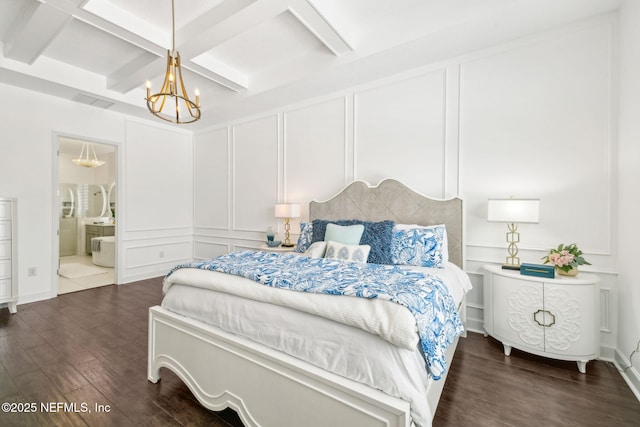 97 Marquesa Cir, Saint Johns, FL 32259 - bedroom featuring a decorative wall, dark wood finished floors, a chandelier, coffered ceiling, and beamed ceiling