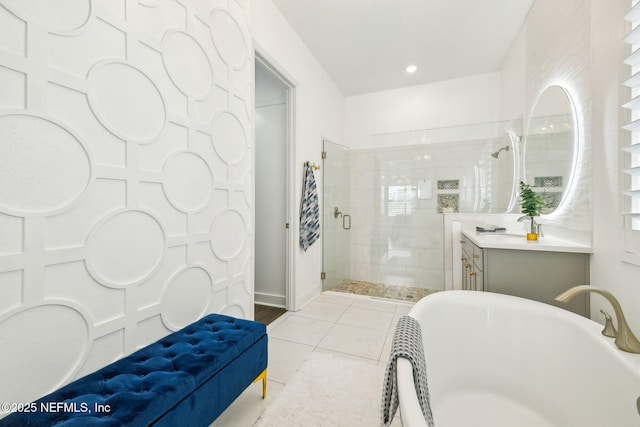 97 Marquesa Cir, Saint Johns, FL 32259 - full bathroom with a stall shower, vanity, a soaking tub, and tile patterned flooring