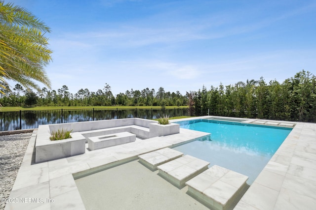 97 Marquesa Cir, Saint Johns, FL 32259 - swimming pool featuring a patio area, an outdoor fire pit, a water view, and view of scattered trees
