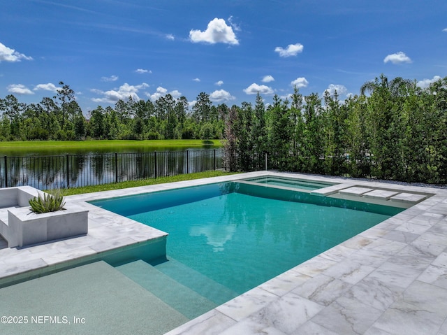 97 Marquesa Cir, Saint Johns, FL 32259 - view of pool featuring a water view, a fenced backyard, a pool with connected hot tub, and a patio area
