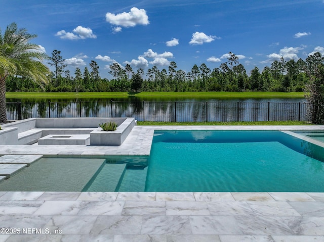 97 Marquesa Cir, Saint Johns, FL 32259 - view of pool with a patio, a fire pit, a water view, a pool with connected hot tub, and a fenced backyard