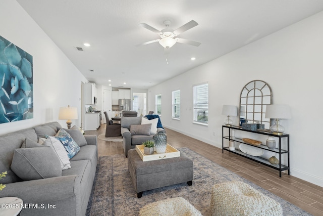 220 Killarney Ave, Saint Johns, FL 32259 - living room with wood tiled floors, ceiling fan, and recessed lighting