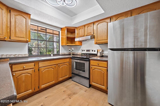 100 Palmera Ct, Ponte Vedra Beach, FL 32082 - kitchen with appliances with stainless steel finishes, a sink, ventilation hood, light wood finished floors, and dark countertops