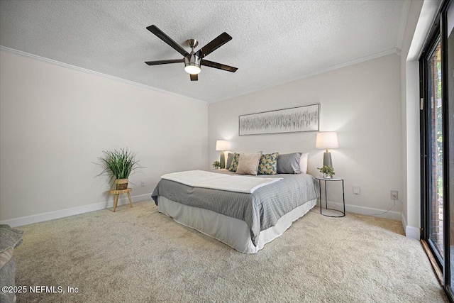 100 Palmera Ct, Ponte Vedra Beach, FL 32082 - carpeted bedroom featuring ornamental molding, a textured ceiling, ceiling fan, and baseboards