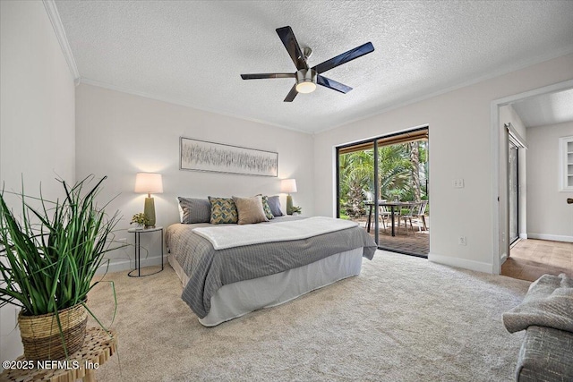 100 Palmera Ct, Ponte Vedra Beach, FL 32082 - carpeted bedroom featuring access to outside, crown molding, baseboards, a textured ceiling, and a ceiling fan