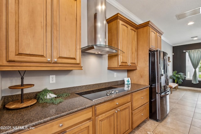 96266 Dowling Dr, Yulee, FL 32097 - kitchen featuring stainless steel fridge with ice dispenser, wall chimney exhaust hood, black electric cooktop, ornamental molding, and brown cabinets