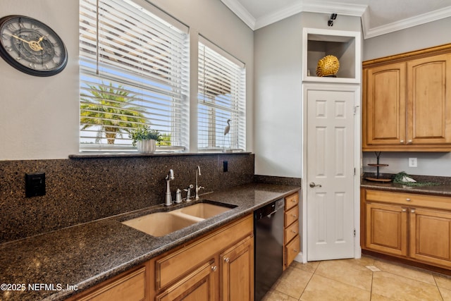 96266 Dowling Dr, Yulee, FL 32097 - kitchen featuring black dishwasher, a sink, crown molding, dark stone countertops, and light tile patterned flooring