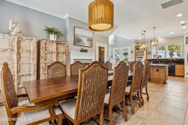 96266 Dowling Dr, Yulee, FL 32097 - dining area with crown molding, plenty of natural light, light tile patterned floors, a chandelier, and recessed lighting
