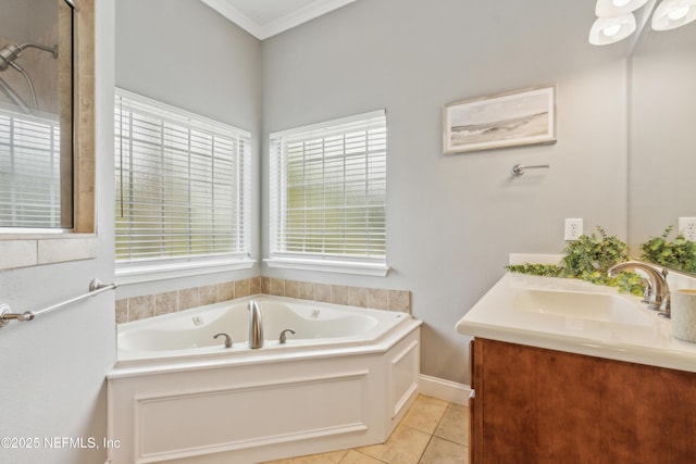 96266 Dowling Dr, Yulee, FL 32097 - full bathroom with double vanity, a garden tub, tile patterned floors, plenty of natural light, and crown molding