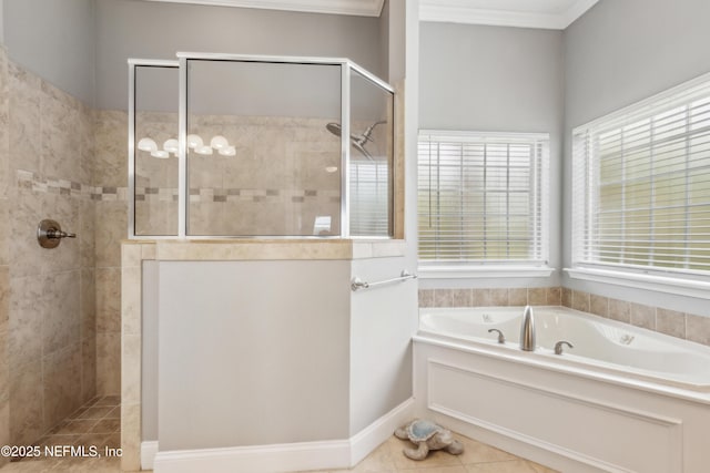 96266 Dowling Dr, Yulee, FL 32097 - full bathroom with a walk in shower, a garden tub, crown molding, and tile patterned floors