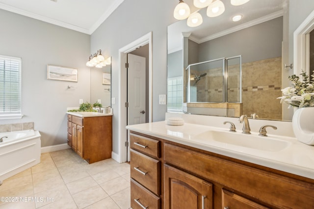 96266 Dowling Dr, Yulee, FL 32097 - bathroom featuring a stall shower, two vanities, a bath, tile patterned floors, and crown molding