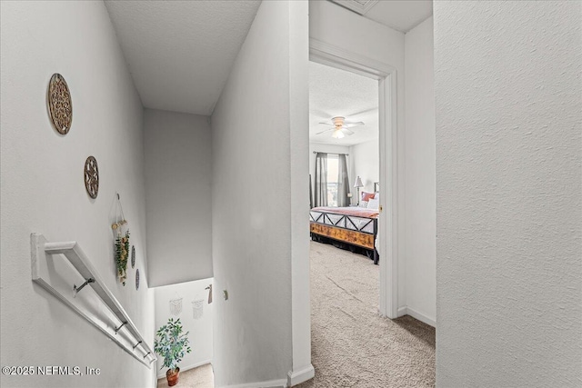 724 Middle Branch Way, Fruit Cove, FL 32259 - corridor with carpet flooring, an upstairs landing, a textured ceiling, a textured wall, and baseboards