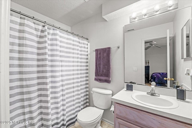 724 Middle Branch Way, Fruit Cove, FL 32259 - ensuite bathroom featuring a textured ceiling, vanity, toilet, ceiling fan, and a shower with shower curtain