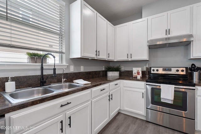 4916 Creek Bluff Ln, Middleburg, FL 32068 - kitchen featuring stainless steel electric stove, under cabinet range hood, a sink, white cabinetry, and dark countertops