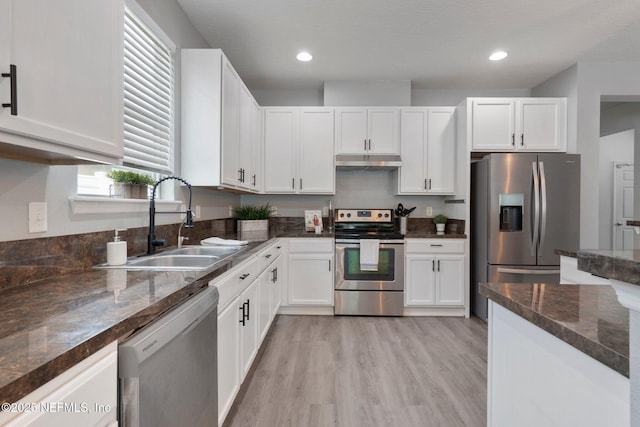 4916 Creek Bluff Ln, Middleburg, FL 32068 - kitchen with stainless steel appliances, under cabinet range hood, a sink, white cabinetry, and light wood finished floors