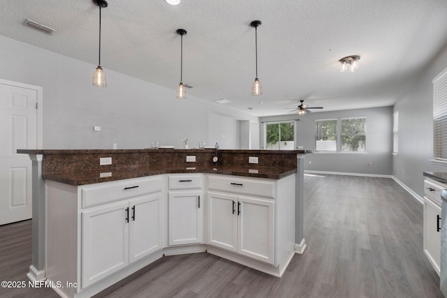 4916 Creek Bluff Ln, Middleburg, FL 32068 - kitchen with ceiling fan, wood finished floors, white cabinetry, hanging light fixtures, and a textured ceiling