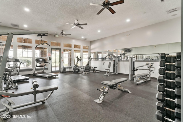 4916 Creek Bluff Ln, Middleburg, FL 32068 - gym with a textured ceiling, ceiling fan, and recessed lighting