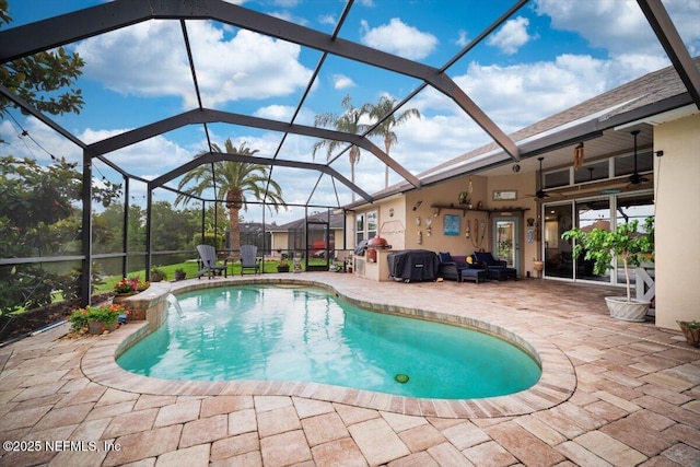 1714 Chatham Village Dr, Fleming Island, FL 32003 - swimming pool featuring a patio, a ceiling fan, and glass enclosure