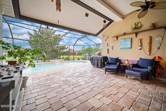 1714 Chatham Village Dr, Fleming Island, FL 32003 - view of patio with ceiling fan, area for grilling, an outdoor living space, an outdoor pool, and glass enclosure