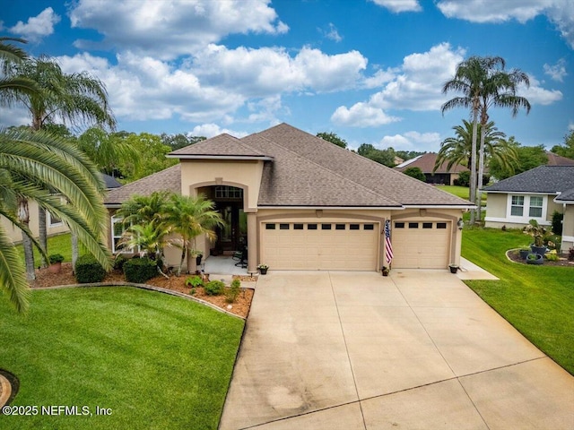 1714 Chatham Village Dr, Fleming Island, FL 32003 - view of front of property with an attached garage, stucco siding, concrete driveway, a front yard, and a shingled roof