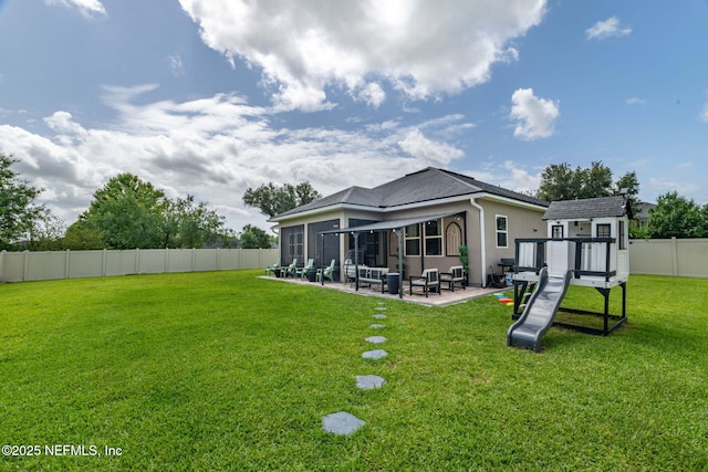 3172 Treeside Ln, Green Cove Springs, FL 32043 - rear view of house featuring a patio area, a playground, stucco siding, and an outdoor hangout area