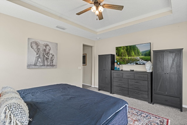 3172 Treeside Ln, Green Cove Springs, FL 32043 - bedroom featuring a raised ceiling, ornamental molding, carpet floors, a ceiling fan, and baseboards