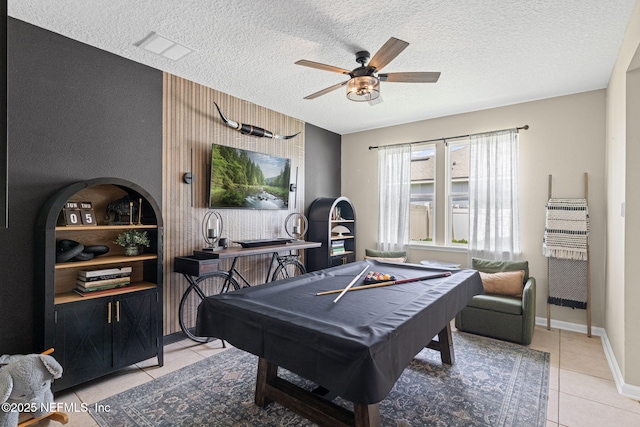 3172 Treeside Ln, Green Cove Springs, FL 32043 - rec room featuring tile patterned floors, a ceiling fan, pool table, a textured ceiling, and baseboards
