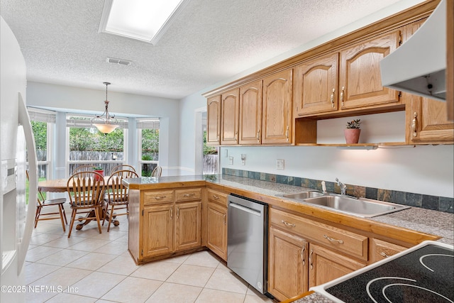 2760 Graniteridge Ct, Orange Park, FL 32065 - kitchen featuring dishwasher, under cabinet range hood, a sink, white fridge with ice dispenser, and a peninsula