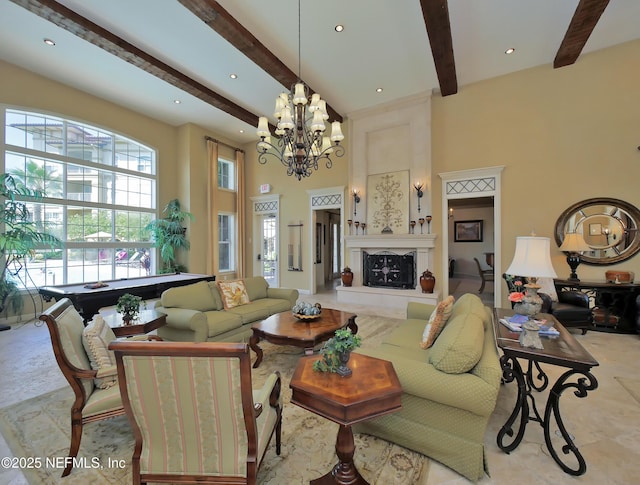 4300 S Beach Pkwy Unit 3214, Jacksonville Beach, FL 32250 - living area with beamed ceiling, a chandelier, a towering ceiling, and recessed lighting