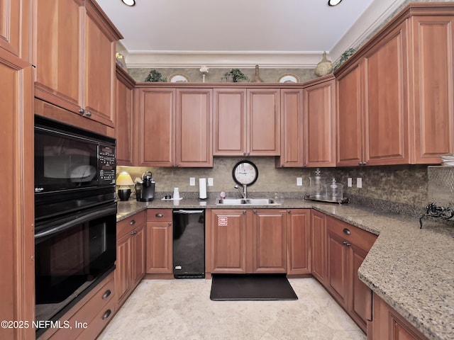 4300 S Beach Pkwy Unit 3214, Jacksonville Beach, FL 32250 - kitchen featuring black appliances, a sink, light stone countertops, backsplash, and ornamental molding
