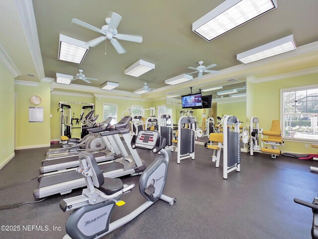 4300 S Beach Pkwy Unit 3214, Jacksonville Beach, FL 32250 - exercise room with ornamental molding, ceiling fan, healthy amount of natural light, and baseboards