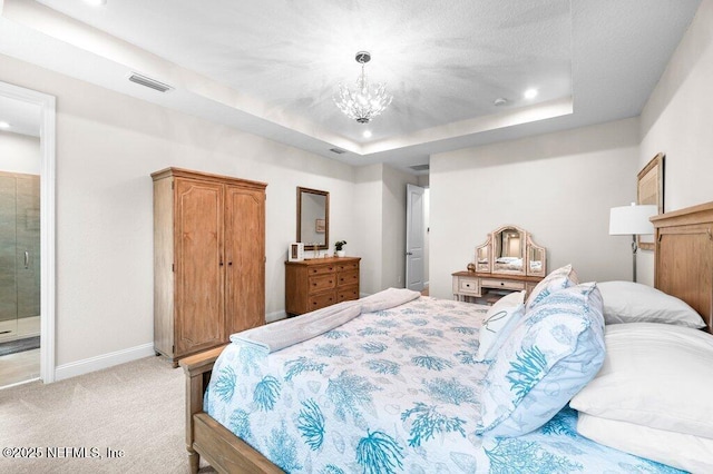 3603 Marsh Reserve Blvd, Jacksonville, FL 32224 - bedroom with baseboards, light carpet, recessed lighting, a tray ceiling, and a chandelier
