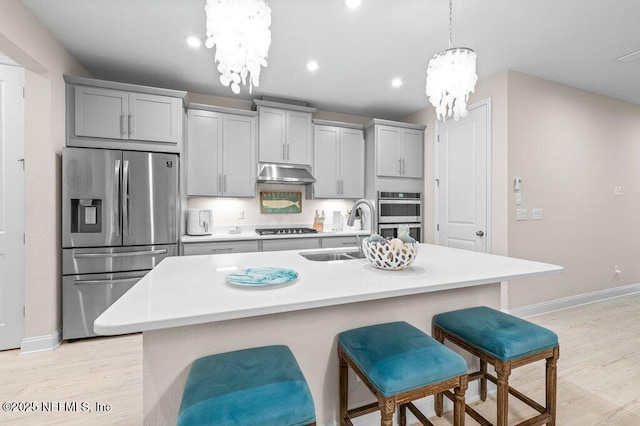 3603 Marsh Reserve Blvd, Jacksonville, FL 32224 - kitchen with appliances with stainless steel finishes, a chandelier, a sink, under cabinet range hood, and light wood-type flooring
