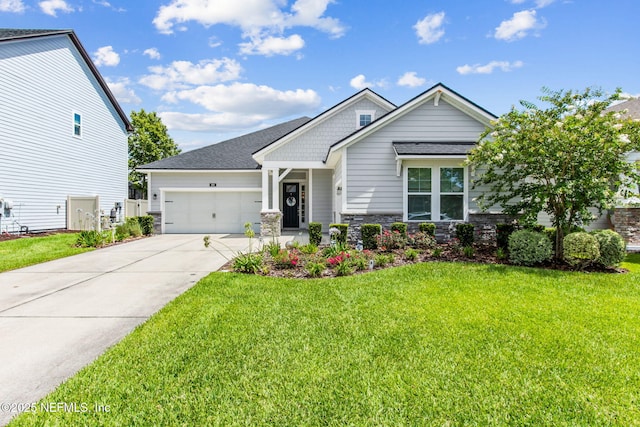 101 Bucktail Ave, Ponte Vedra, FL 32081 - craftsman-style house featuring a garage, driveway, stone siding, a front lawn, and roof with shingles