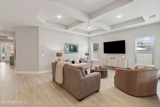 101 Bucktail Ave, Ponte Vedra, FL 32081 - living area featuring light wood-style flooring, plenty of natural light, coffered ceiling, beamed ceiling, and ceiling fan