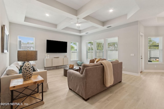 101 Bucktail Ave, Ponte Vedra, FL 32081 - living area featuring coffered ceiling, light wood-type flooring, healthy amount of natural light, a ceiling fan, and beamed ceiling