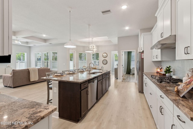 101 Bucktail Ave, Ponte Vedra, FL 32081 - kitchen featuring under cabinet range hood, stainless steel appliances, a kitchen breakfast bar, white cabinetry, and dark brown cabinets