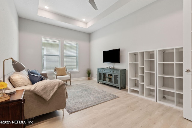 101 Bucktail Ave, Ponte Vedra, FL 32081 - living room with wood finished floors, recessed lighting, ceiling fan, and a tray ceiling