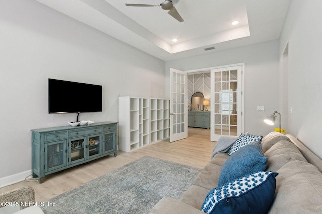 101 Bucktail Ave, Ponte Vedra, FL 32081 - living room with french doors, light wood-style floors, a ceiling fan, and recessed lighting