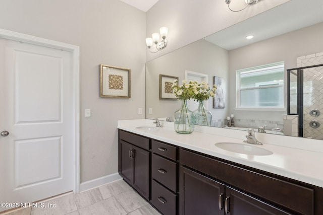 101 Bucktail Ave, Ponte Vedra, FL 32081 - full bathroom with double vanity, tiled shower, and marble look tile flooring