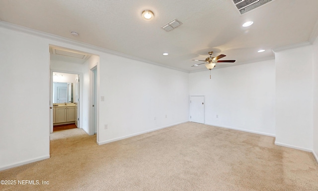 4171 Fishing Creek Ln, Middleburg, FL 32068 - empty room with light colored carpet, a ceiling fan, crown molding, recessed lighting, and baseboards