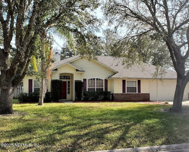 424 Bay Point Way N, Saint Johns, FL 32259 - view of front of property with a garage, a front yard, brick siding, and a chimney