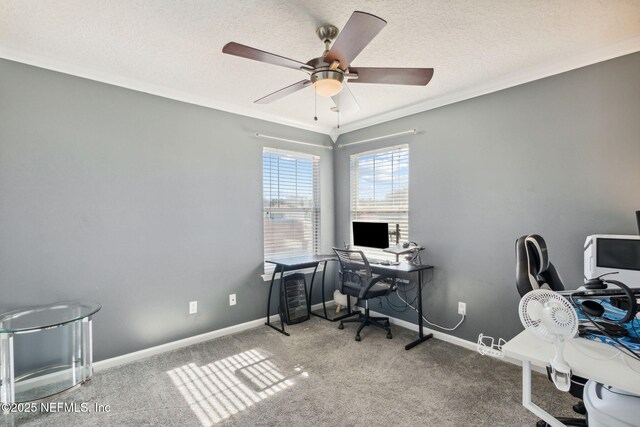 96290 Coral Reef Rd, Yulee, FL 32097 - carpeted office featuring ceiling fan, baseboards, a textured ceiling, and crown molding