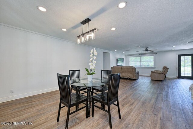 4966 Harvey Grant Rd, Fleming Island, FL 32003 - dining space featuring wood finished floors, a textured ceiling, recessed lighting, baseboards, and a ceiling fan