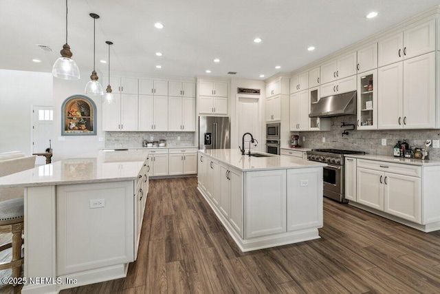 105 Awlleaf Ct, Saint Augustine, FL 32095 - kitchen with premium appliances, under cabinet range hood, a kitchen island with sink, tasteful backsplash, and dark wood-style floors