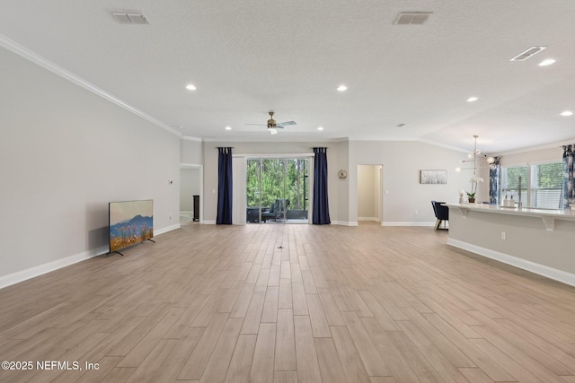 2623 Cold Stream Ln, Green Cove Springs, FL 32043 - unfurnished living room with ornamental molding, light wood-style floors, baseboards, recessed lighting, and a ceiling fan